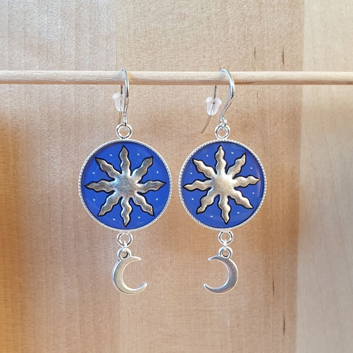 Boucles d'oreille pendantes soleil et lune argent