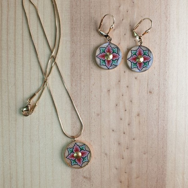 Boucles d'oreille pendantes printani&egrave;res fleur rose ou bleue