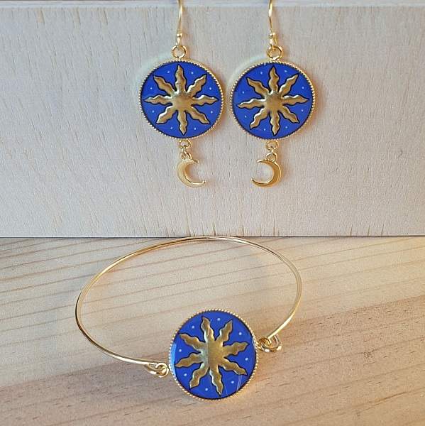 Boucles d'oreille pendantes soleil et lune or