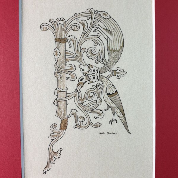 Bogstav R i romansk stil med illumination