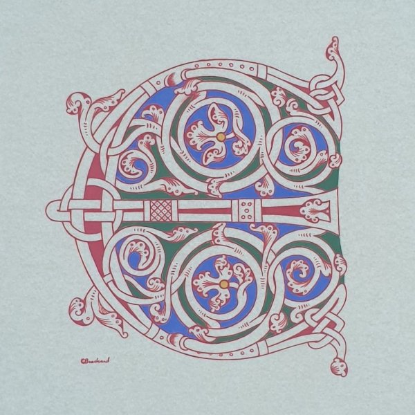 Lettre E enlumin&eacute;e style roman